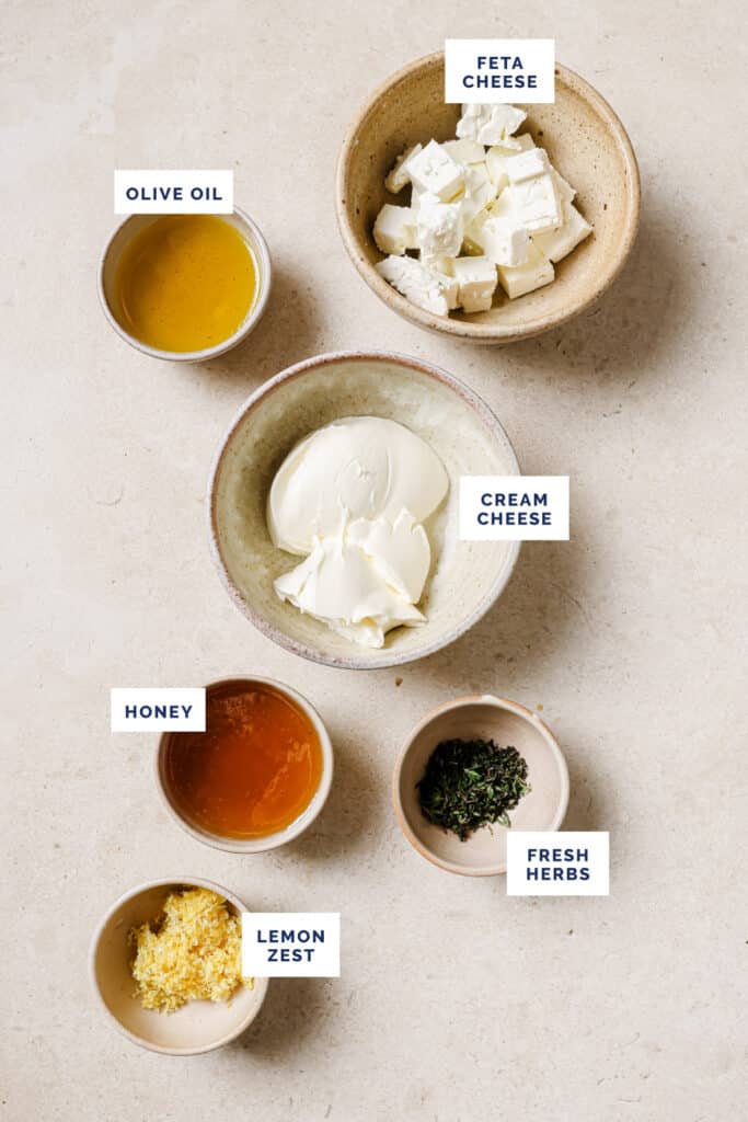 Labeled ingredients for the whipped feta with honey recipe.