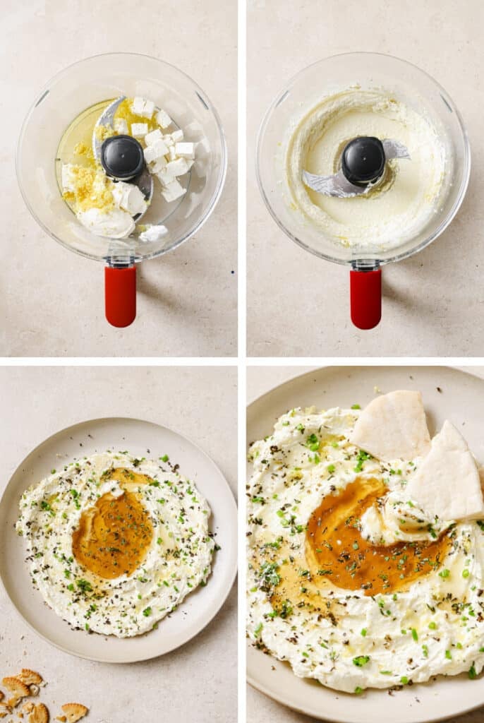 The step-by-step process of how to make whipped feta with honey.