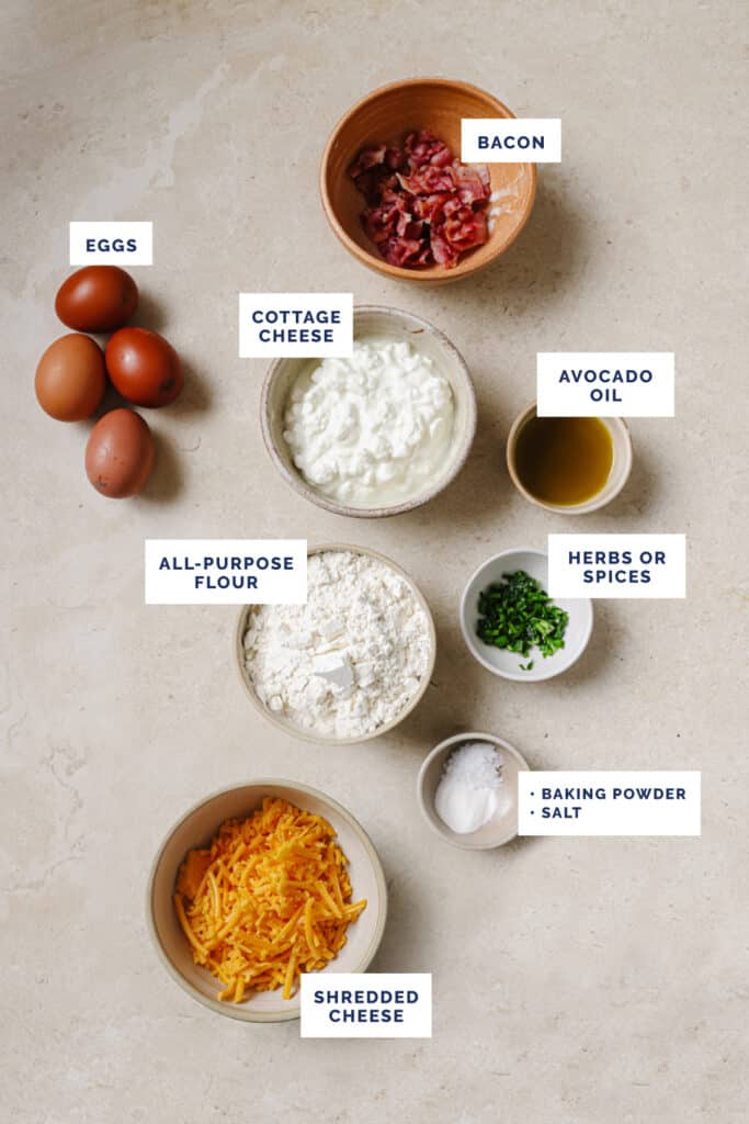 Labeled ingredients for the cottage cheese breakfast muffins recipe.