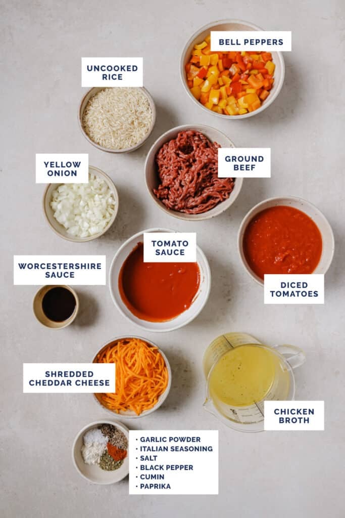 Labeled ingredients for the stuffed bell pepper casserole recipe.
