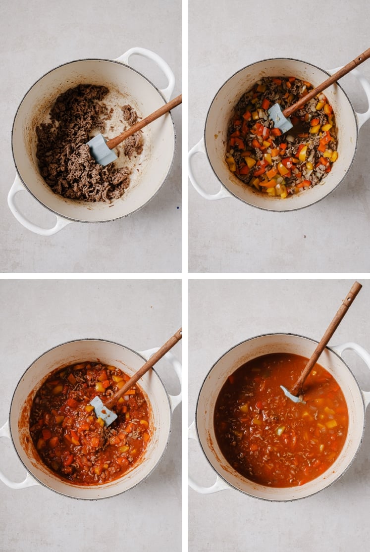 The step-by-step process of how to make stuffed bell pepper casserole.
