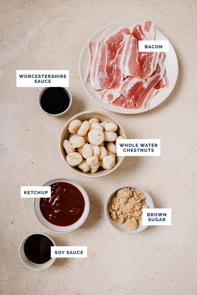 Labeled ingredients for the bacon-wrapped water chestnuts recipe.