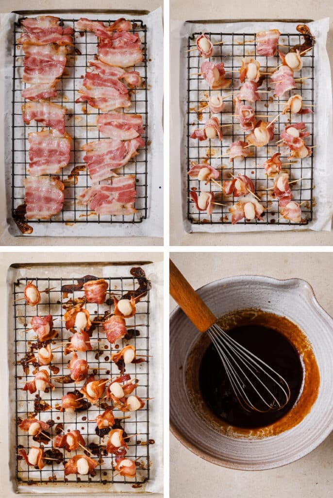 The step-by-step process of how to make bacon-wrapped water chestnuts.