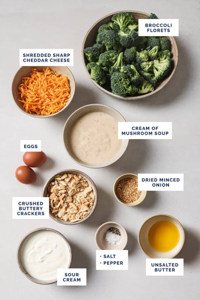 Labeled ingredients for the broccoli casserole recipe.