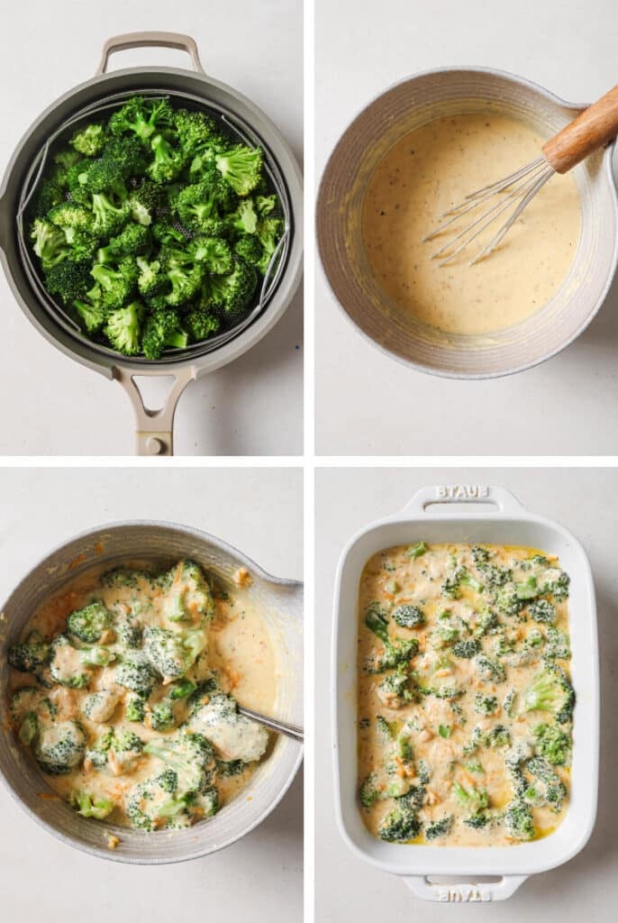The step-by-step process of how to make broccoli casserole.