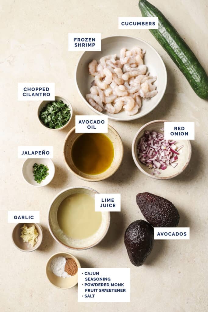 Labeled ingredients for the cold shrimp and cucumber appetizer recipe.
