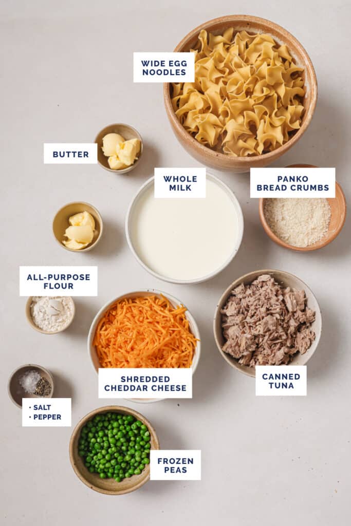 Labeled ingredients for the easy tuna noodle casserole recipe.