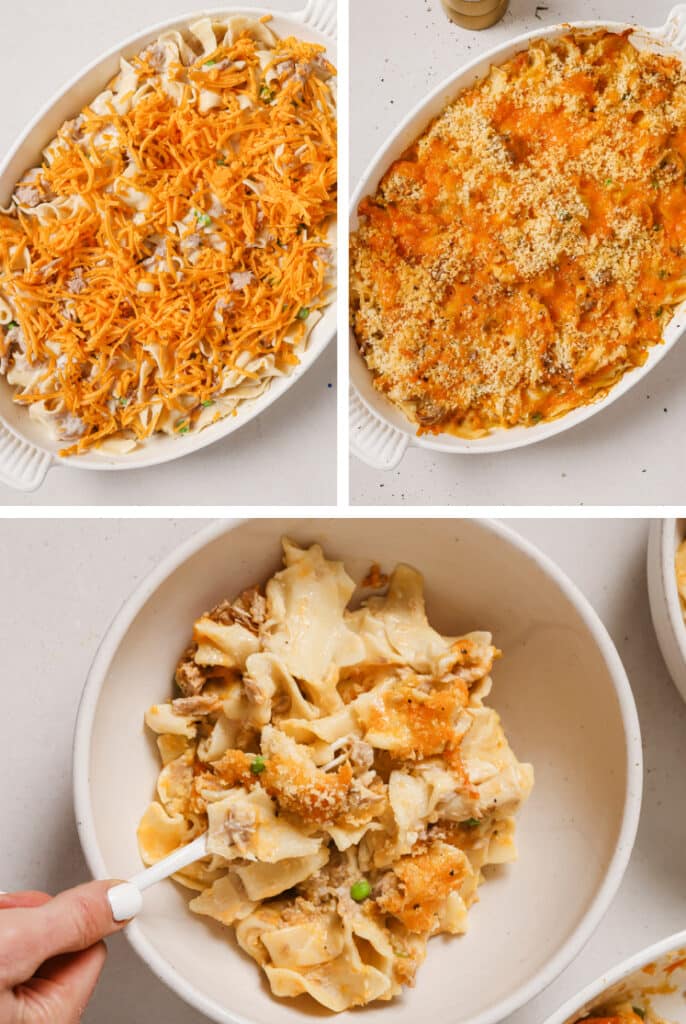 The final steps for how to make easy tuna noodle casserole.