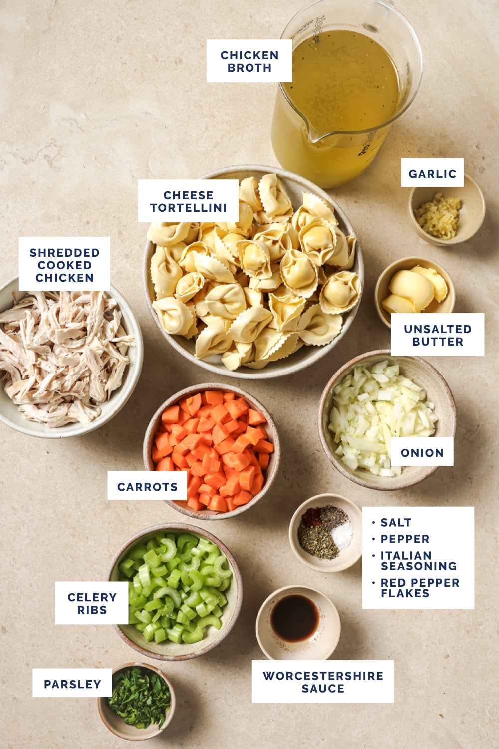 Labeled ingredients for the chicken tortellini soup recipe.