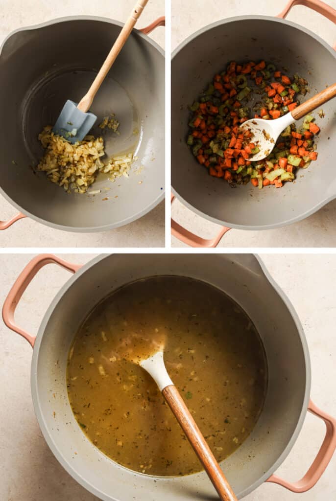 The step-by-step process of how to make chicken tortellini soup.