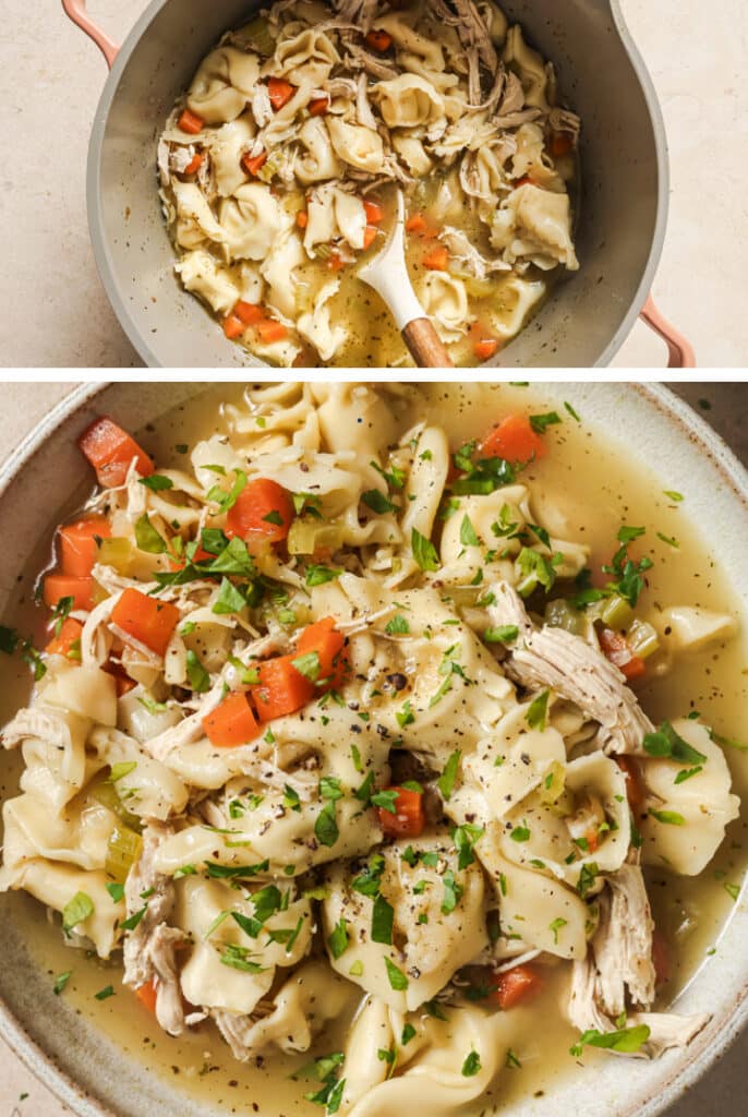The final steps for how to make chicken tortellini soup.