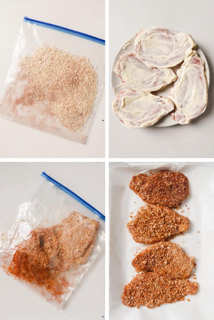 The step-by-step process of how to make shake and bake pork chops.