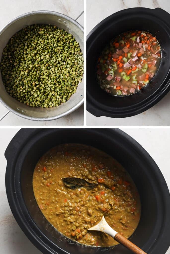 The step-by-step process of how to make slow cooker split pea soup.