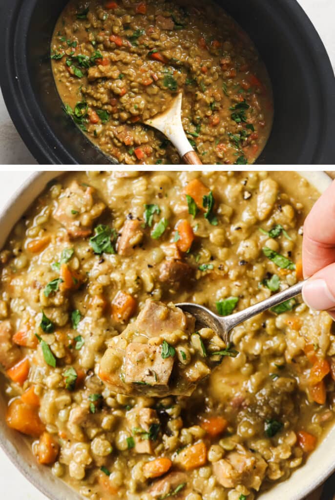 The final steps for how to make slow cooker split pea soup.