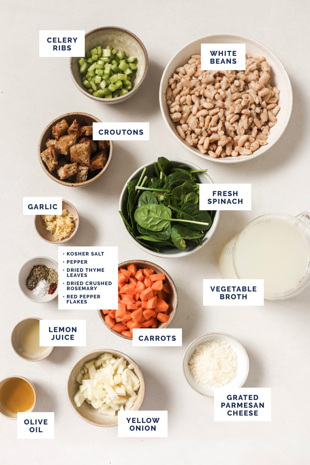 Labeled ingredients for the white bean soup recipe.