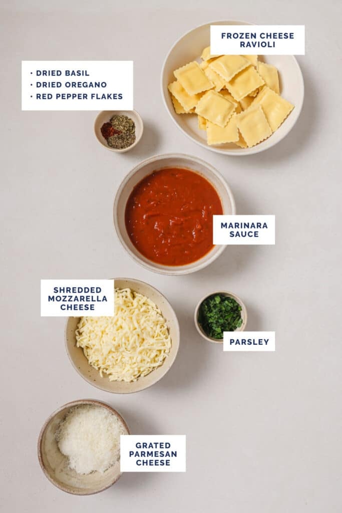 Labeled ingredients for the baked ravioli recipe.