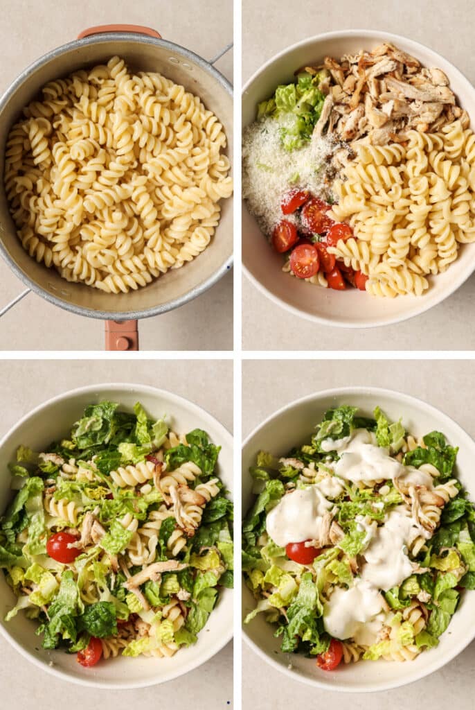 The step-by-step process of how to make chicken Caesar pasta salad.