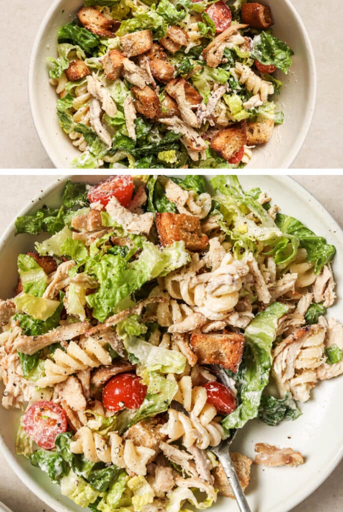 The final steps for how to make chicken Caesar pasta salad.