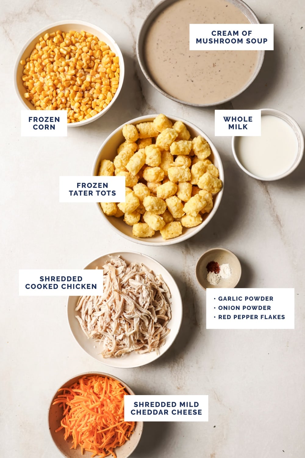 Labeled ingredients for the chicken tater tot casserole recipe.