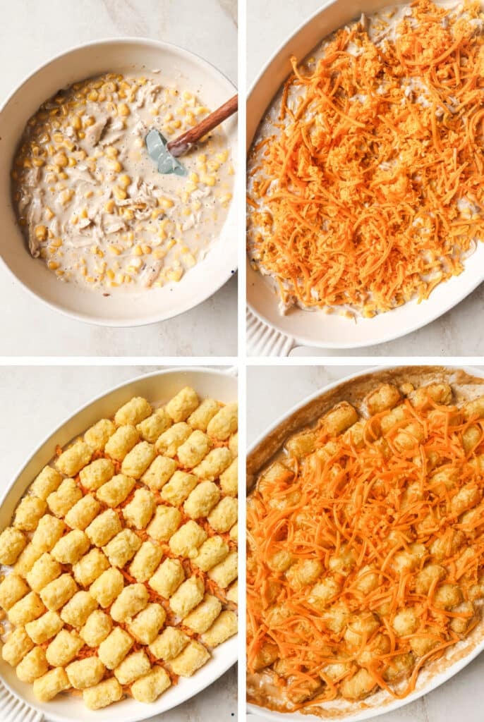 The step-by-step process of how to make chicken tater tot casserole.