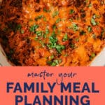 Master your family meal planning on a budget Pinterest graphic.