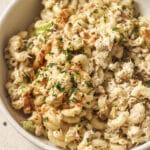 Tuna macaroni salad in a bowl.