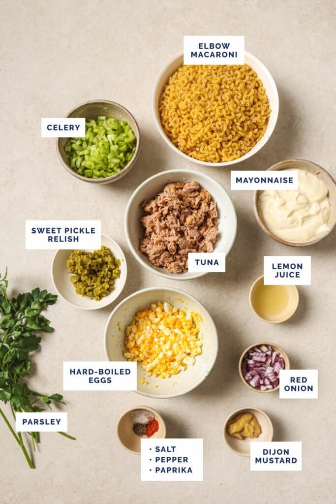Labeled ingredients for the tuna macaroni salad recipe.