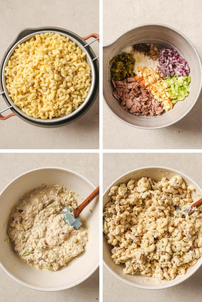 The step-by-step process of how to make tuna macaroni salad.