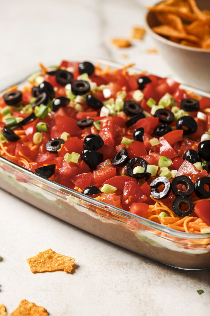 7-layer dip in a baking dish.
