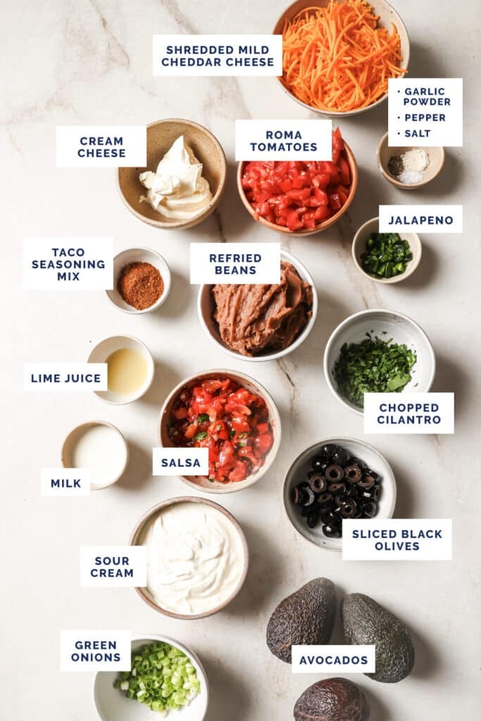 Labeled ingredients for the 7-layer dip recipe.
