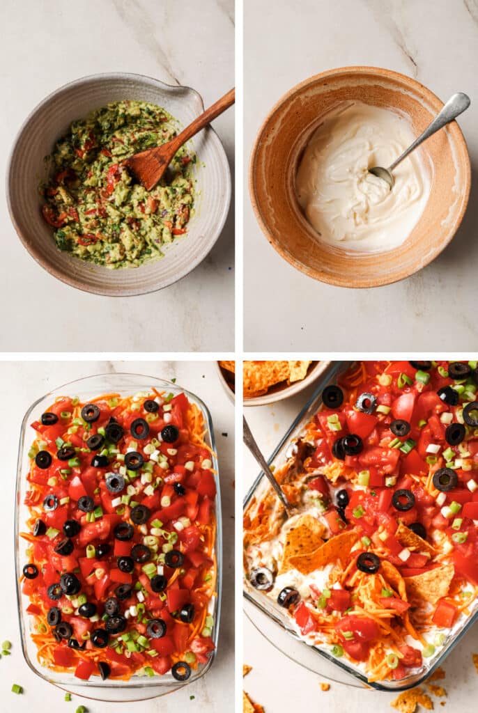 The step-by-step process of how to make 7-layer dip recipe.