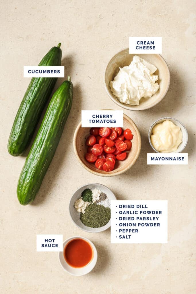 Labeled ingredients for the cucumber tomato bites recipe.