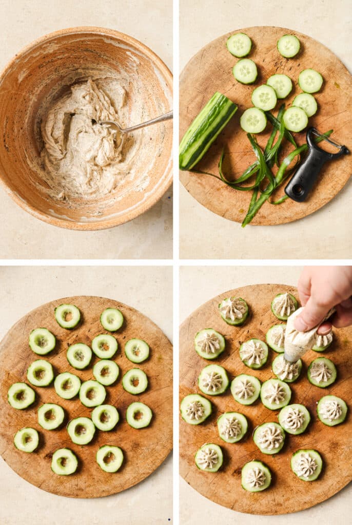 The step-by-step process for how to make cucumber tomato bites.