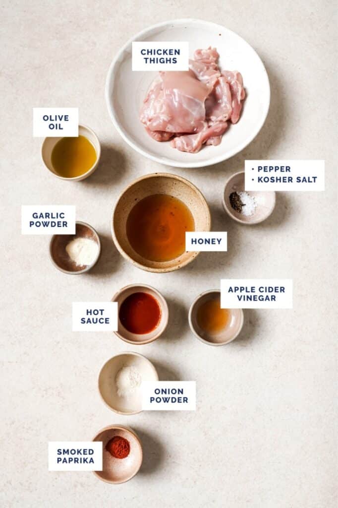 Labeled ingredients for the grilled hot honey chicken recipe.