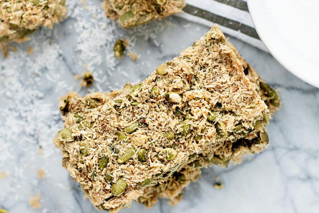 A stack of granola bars on a countertop.