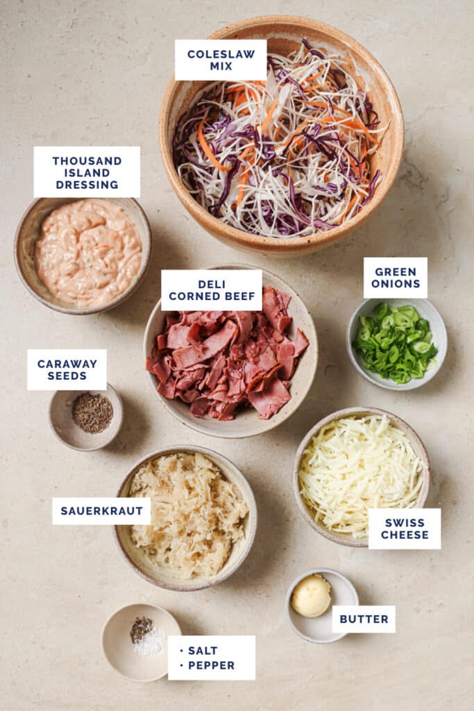 Labeled ingredients for the Reuben bowls recipe.