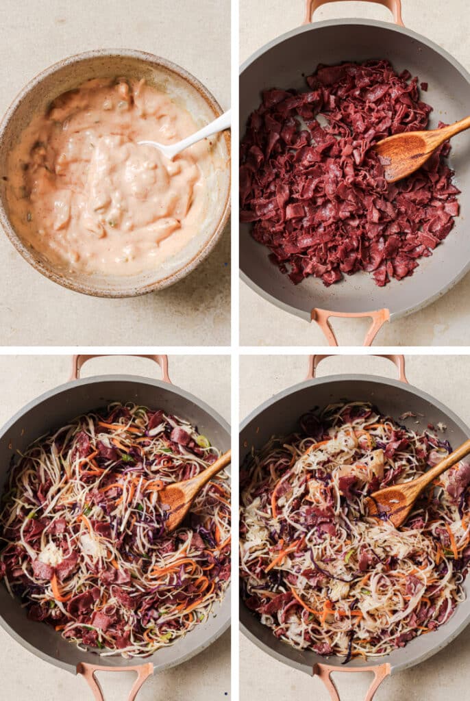 The step-by-step process for how to make Reuben bowls.