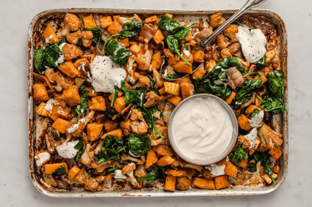 Garnished roasted cubed butternut squash with cauliflower and bacon on a sheet pan with a spoon.