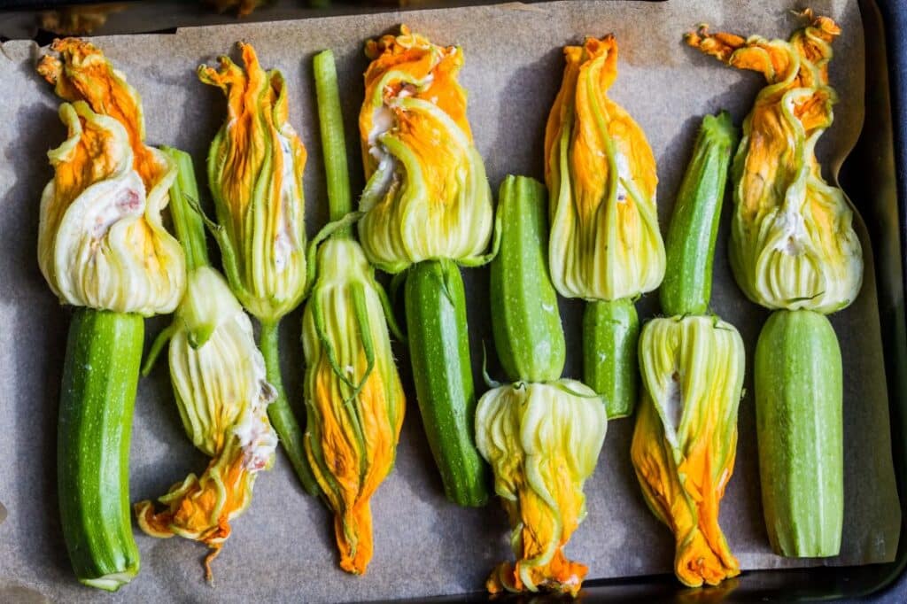 Zucchini flowers on a parchment-lined baking sheet.