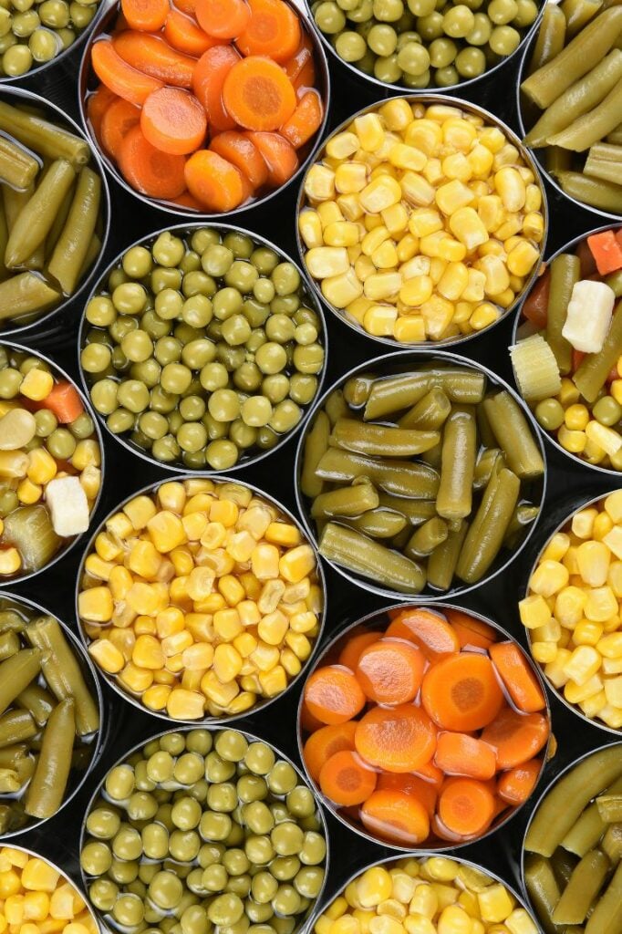 Assorted canned vegetables.