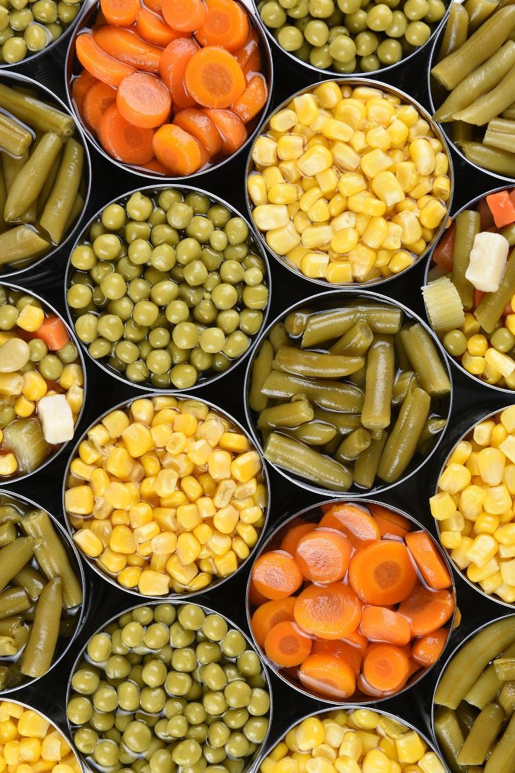 Assorted canned vegetables.