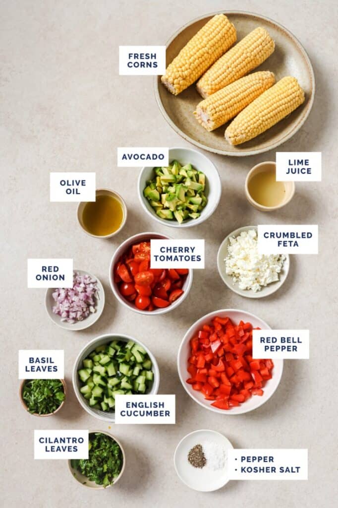 Labeled ingredients for the fresh corn salad recipe.