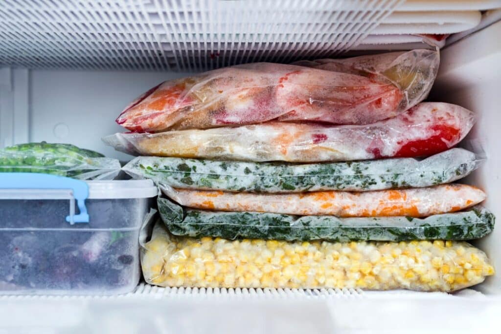 Foods in storage bags stacked in a freezer.