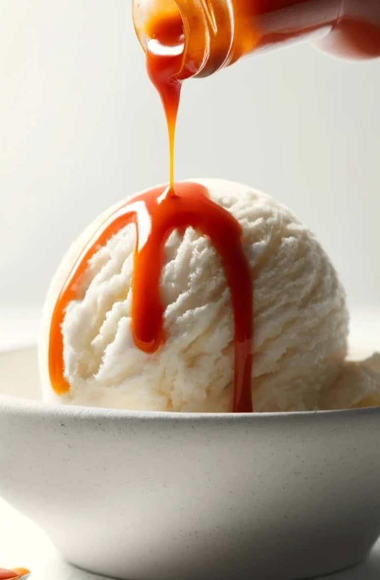 Hot sauce being drizzled on top of ice cream in a bowl.