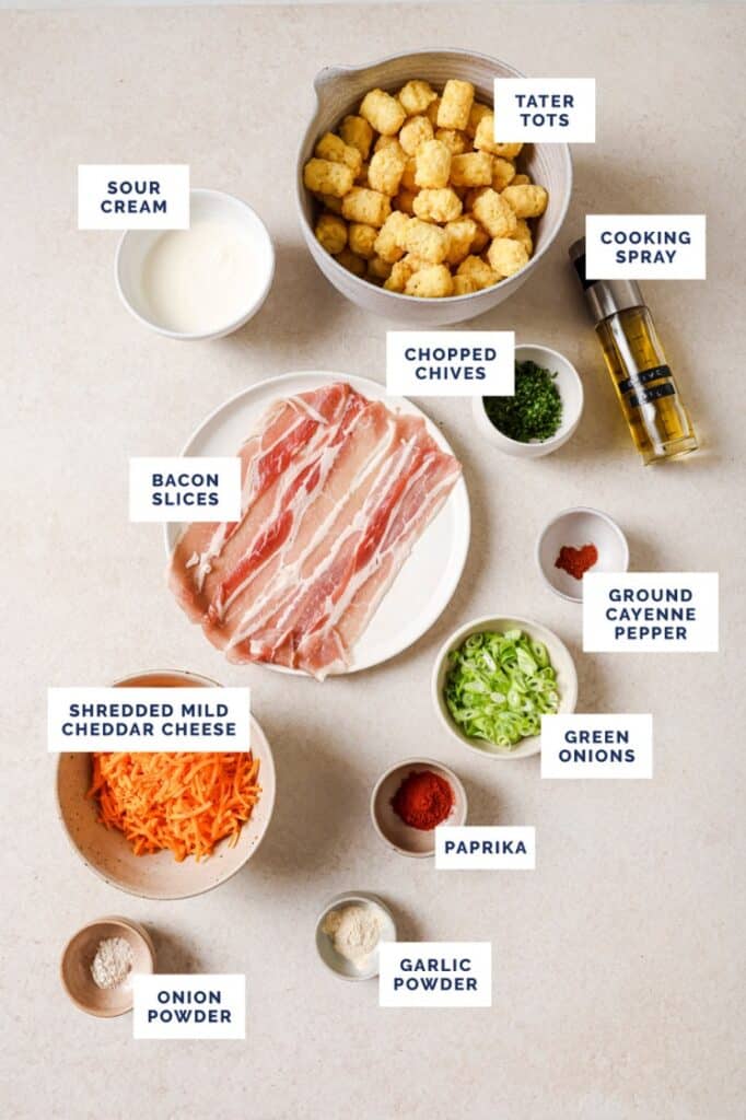 Labeled ingredients for the loaded tater tots recipe.