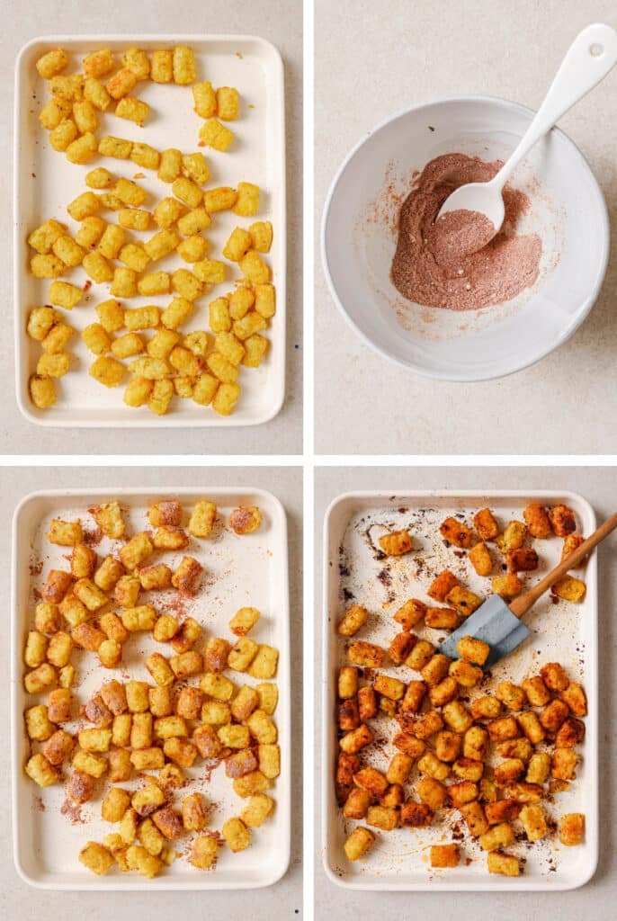 The step-by-step process of how to make the loaded tater tots recipe.