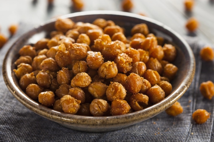 A bowl of roasted chick peas.
