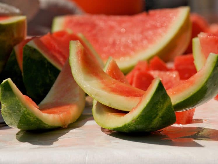 Sliced watermelon rinds glistening in the sunlight