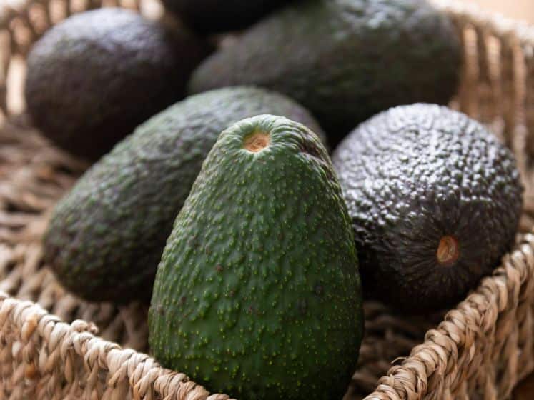 Avocadoes in a brown basket.