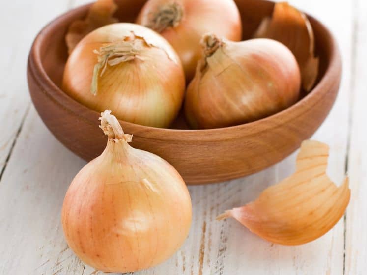 One white onion on a counter with a wooden bowl of white onions behind it.